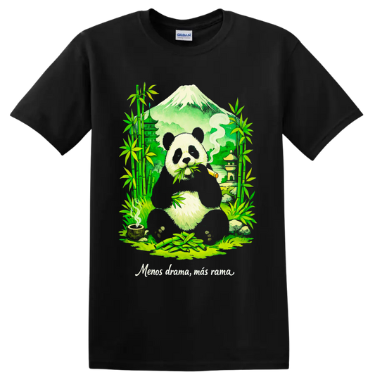 Cannabis panda illustration with bamboo, pagoda, mountain, and rolled smoke on a Black T Shirt
