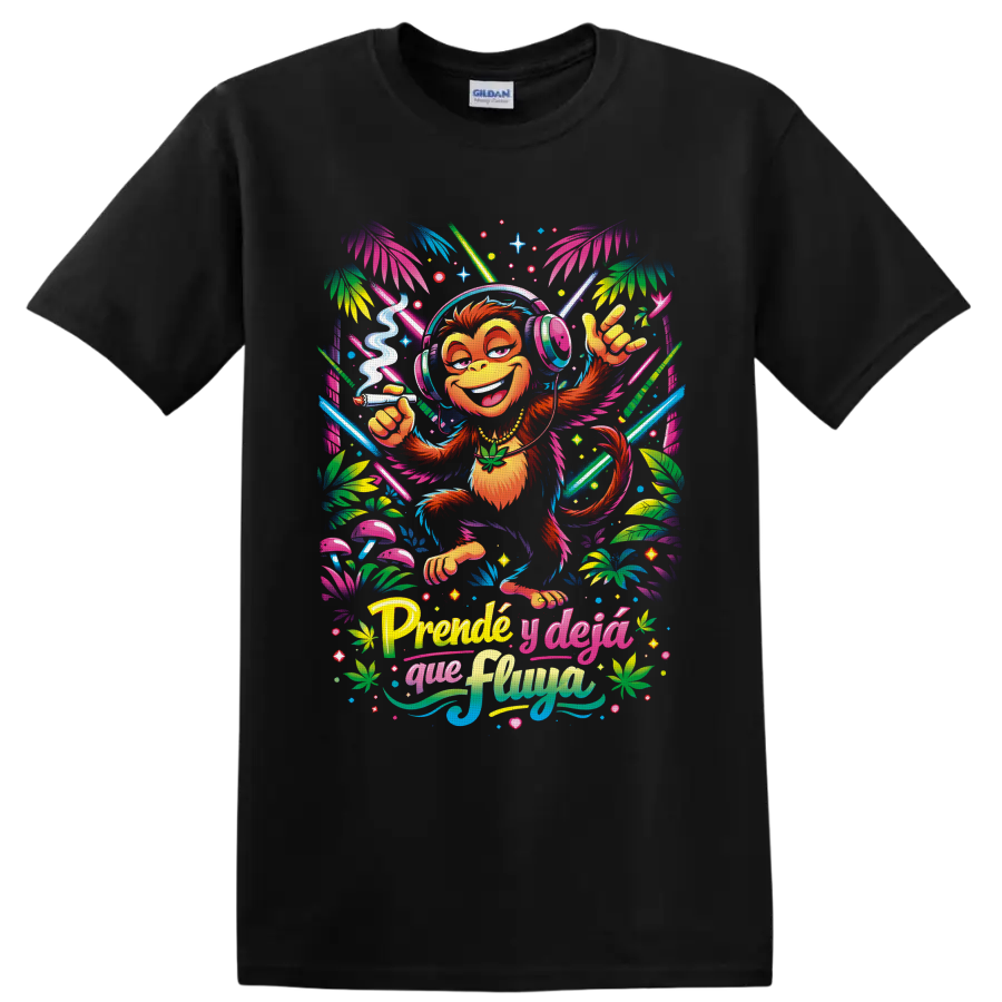 Neon tropical cannabis monkey DJ graphic with headphones, mushrooms, and Spanish lettering on a Black T Shirt
