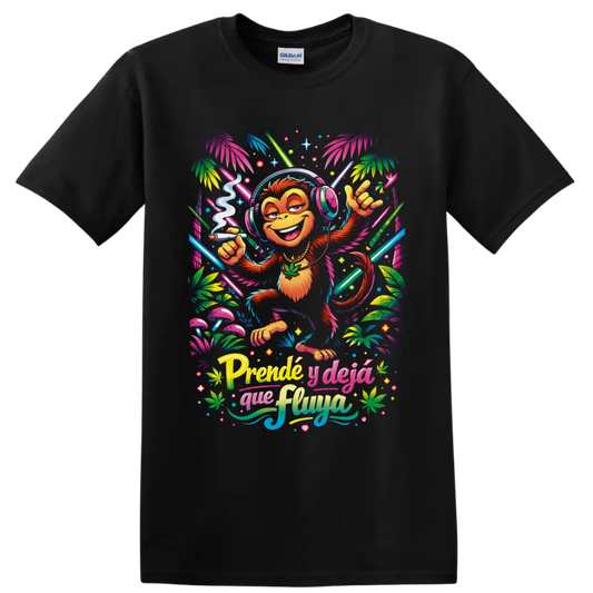 Neon tropical cannabis monkey DJ graphic with headphones, mushrooms, and Spanish lettering on a Black T Shirt