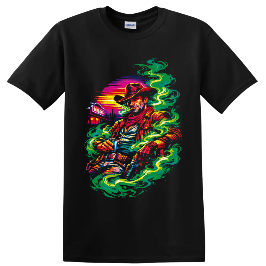 Psychedelic cannabis cowboy graphic with swirling smoke, desert sunset, and cacti on a Black T Shirt