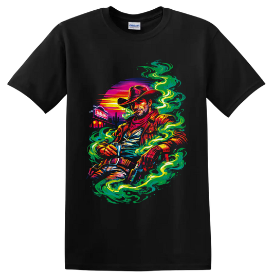Psychedelic cannabis cowboy graphic with swirling smoke, desert sunset, and cacti on a Black T Shirt