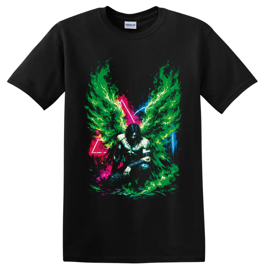 Neon flame-winged crouching figure in psychedelic paint-splatter triangle art on a Black T Shirt