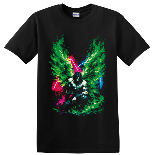 Neon flame-winged crouching figure in psychedelic paint-splatter triangle art on a Black T Shirt