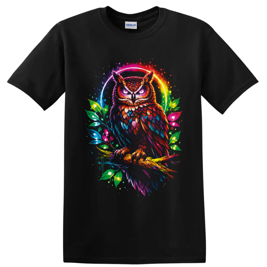 Neon rainbow horned owl on a branch with glowing leaves and circular halo on a Black T Shirt