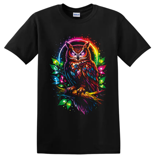 Neon rainbow horned owl on a branch with glowing leaves and circular halo on a Black T Shirt