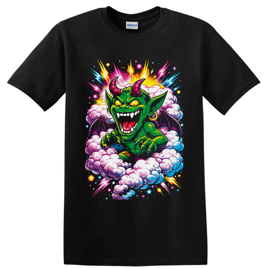 Psychedelic green horned goblin with neon lightning, wings, clouds, and stars on a Black T Shirt