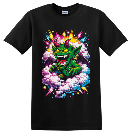 Psychedelic green horned goblin with neon lightning, wings, clouds, and stars on a Black T Shirt
