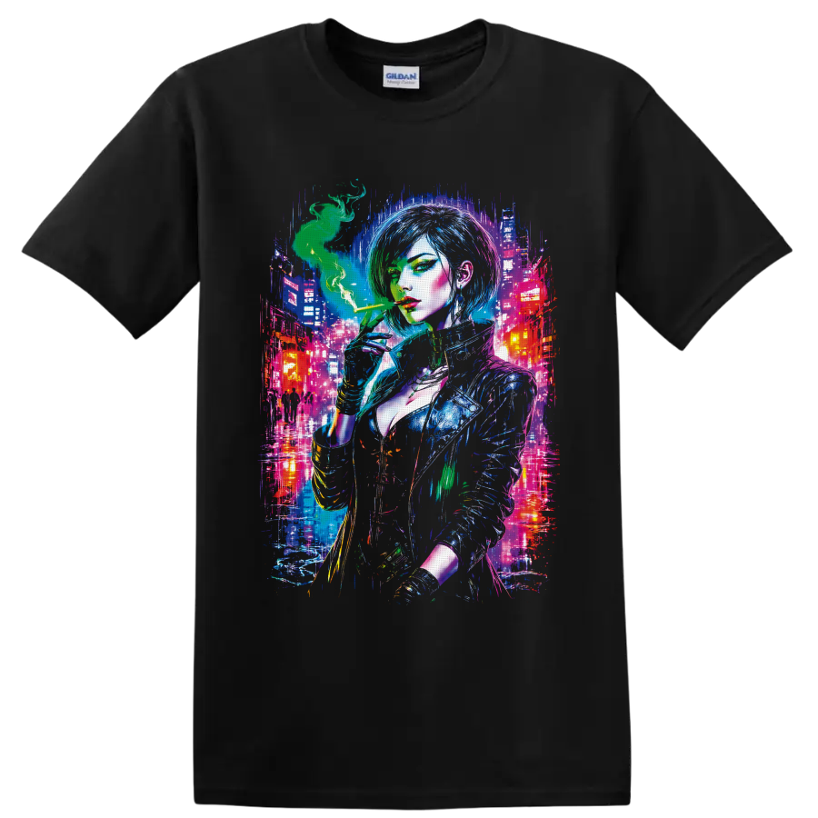 Cyberpunk woman with green smoke in a neon futuristic city graphic on a Black T Shirt