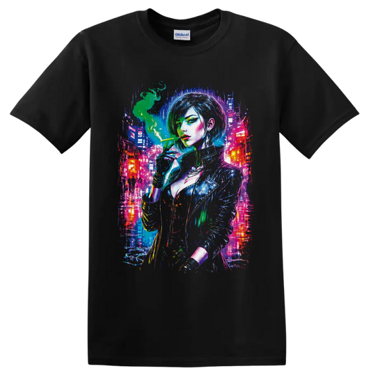 Cyberpunk woman with green smoke in a neon futuristic city graphic on a Black T Shirt