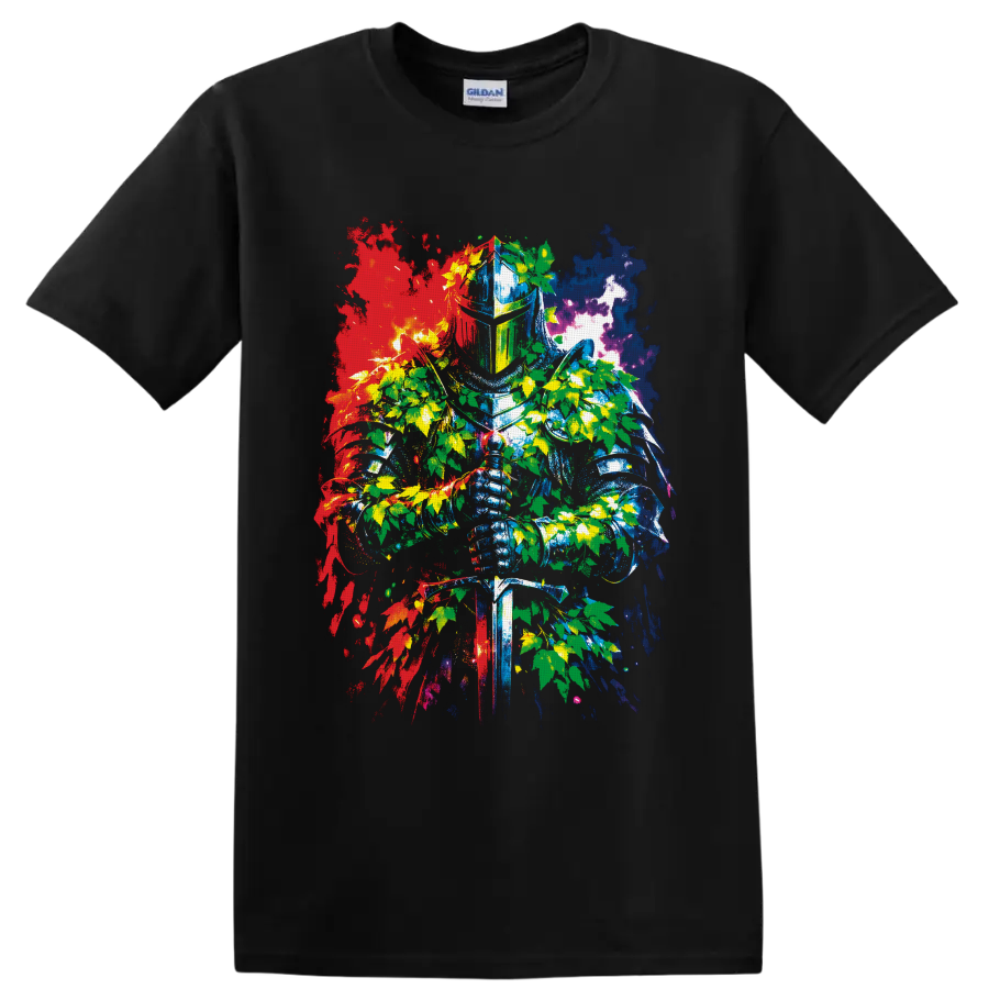 Medieval knight with sword, cannabis leaves, and colorful splatter graphic art on a Black T Shirt