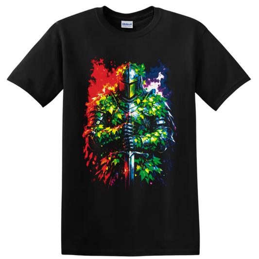 Medieval knight with sword, cannabis leaves, and colorful splatter graphic art on a Black T Shirt