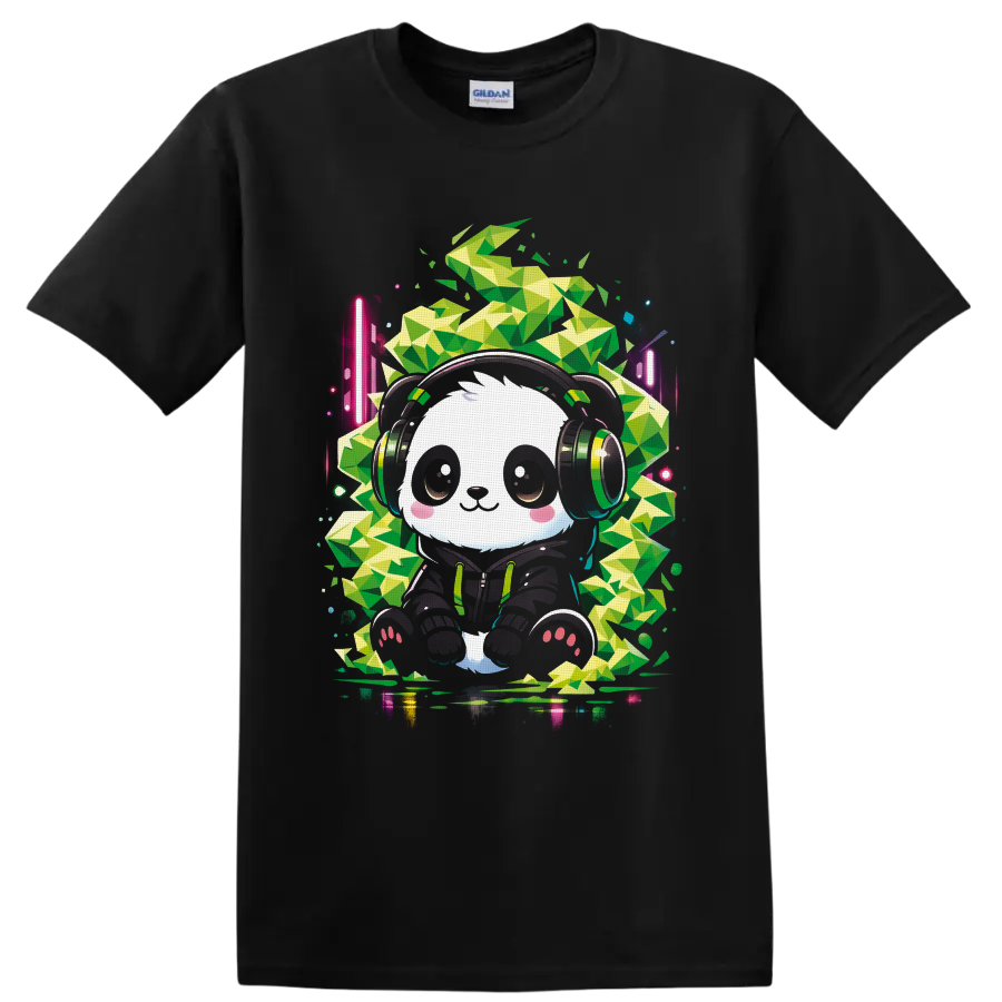 Cute panda DJ in headphones with neon geometric cannabis leaf art on a Black T Shirt