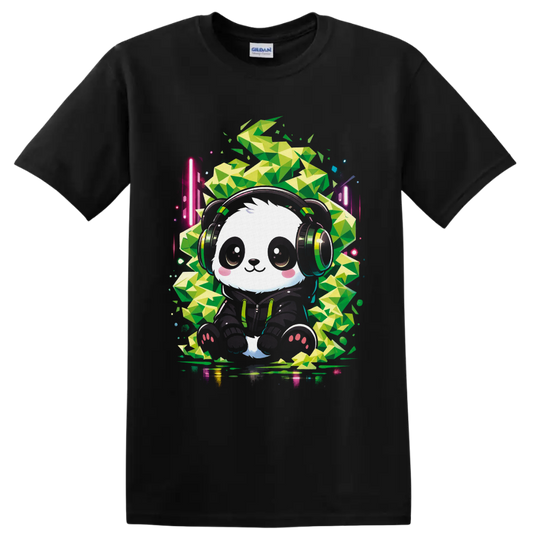 Cute panda DJ in headphones with neon geometric cannabis leaf art on a Black T Shirt