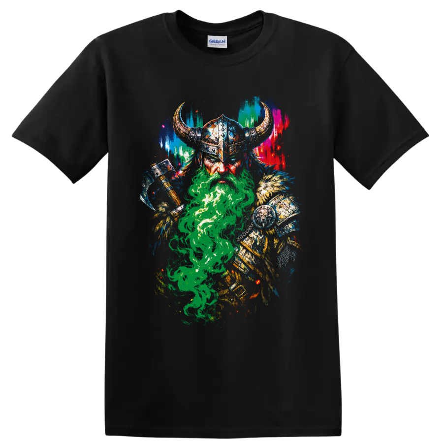 Colorful distressed Viking warrior with horned helmet, axe, shield, and green smoke on a Black T Shirt
