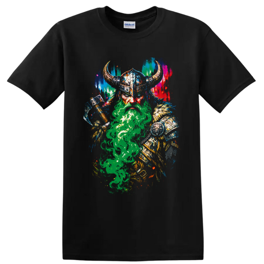 Colorful distressed Viking warrior with horned helmet, axe, shield, and green smoke on a Black T Shirt