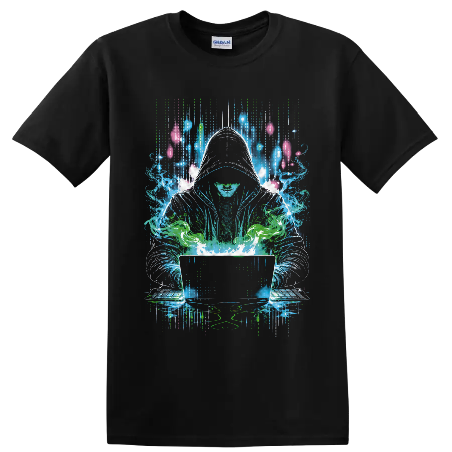 Hooded cannabis hacker with glowing laptop in neon cyberpunk digital art on a Black T Shirt