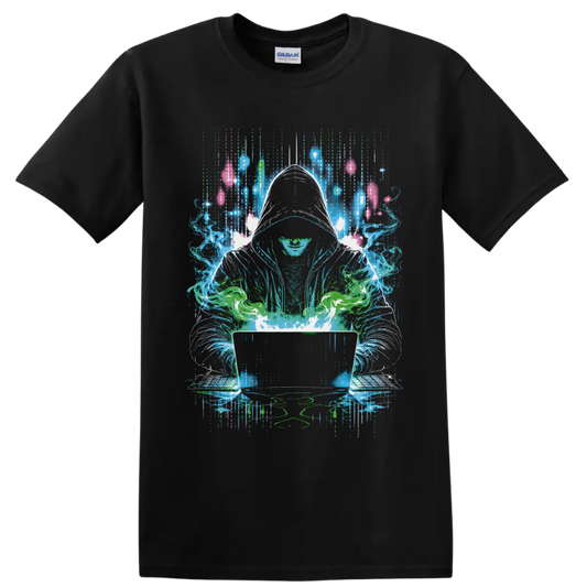 Hooded cannabis hacker with glowing laptop in neon cyberpunk digital art on a Black T Shirt