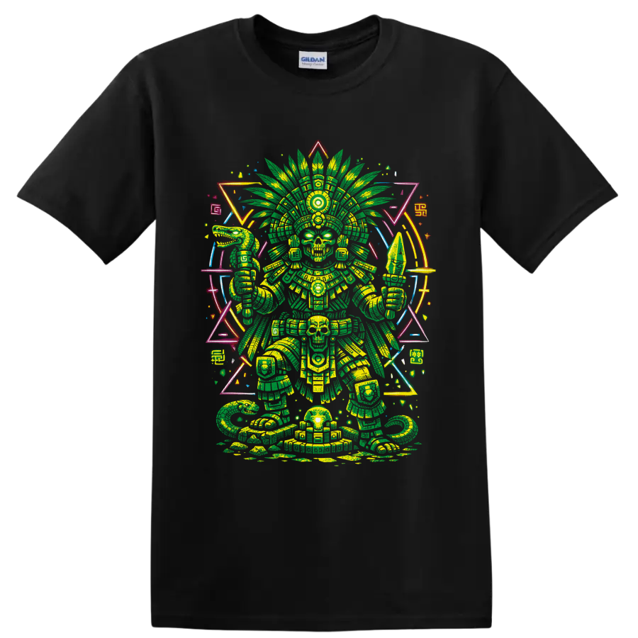 Aztec-inspired skeletal warrior with cannabis-leaf headdress and neon geometric art on a Black T Shirt