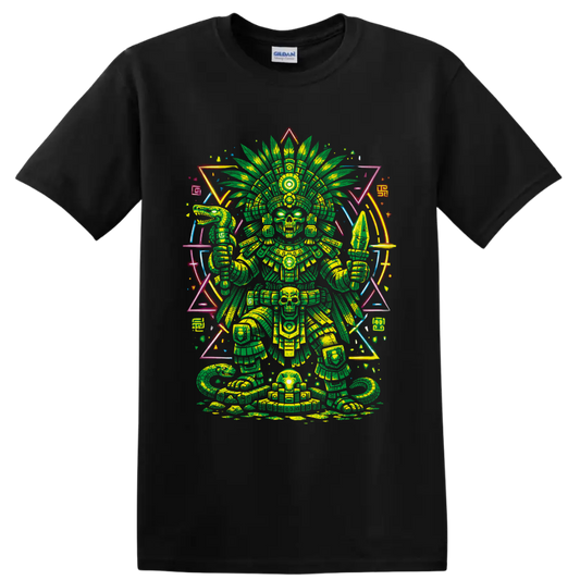 Aztec-inspired skeletal warrior with cannabis-leaf headdress and neon geometric art on a Black T Shirt