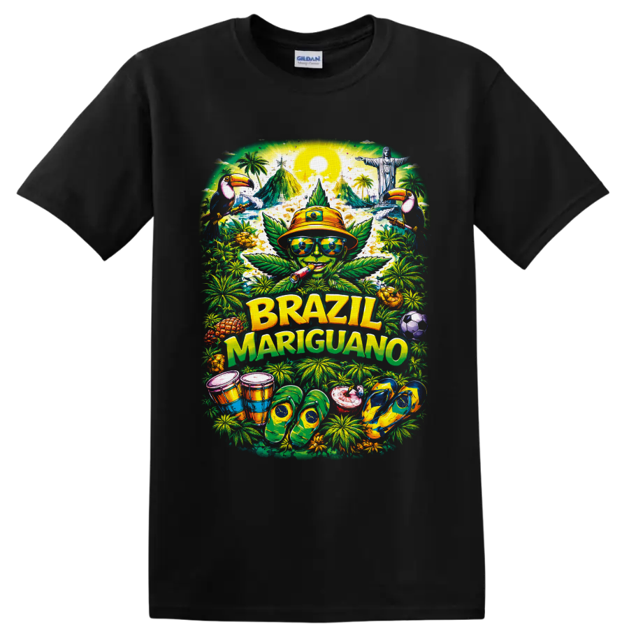 Brazil Mariguano tropical cannabis character with toucans, drums, and soccer ball on a Black T Shirt