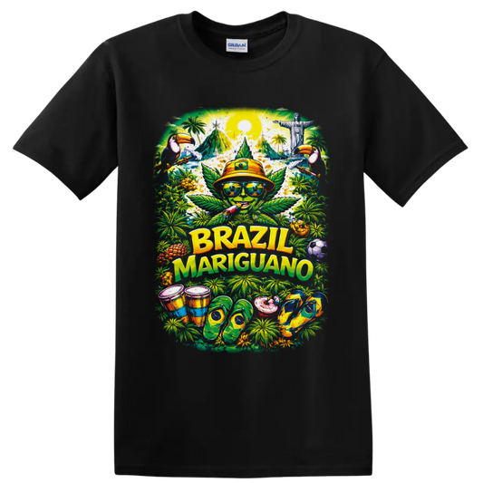 Brazil Mariguano tropical cannabis character with toucans, drums, and soccer ball on a Black T Shirt