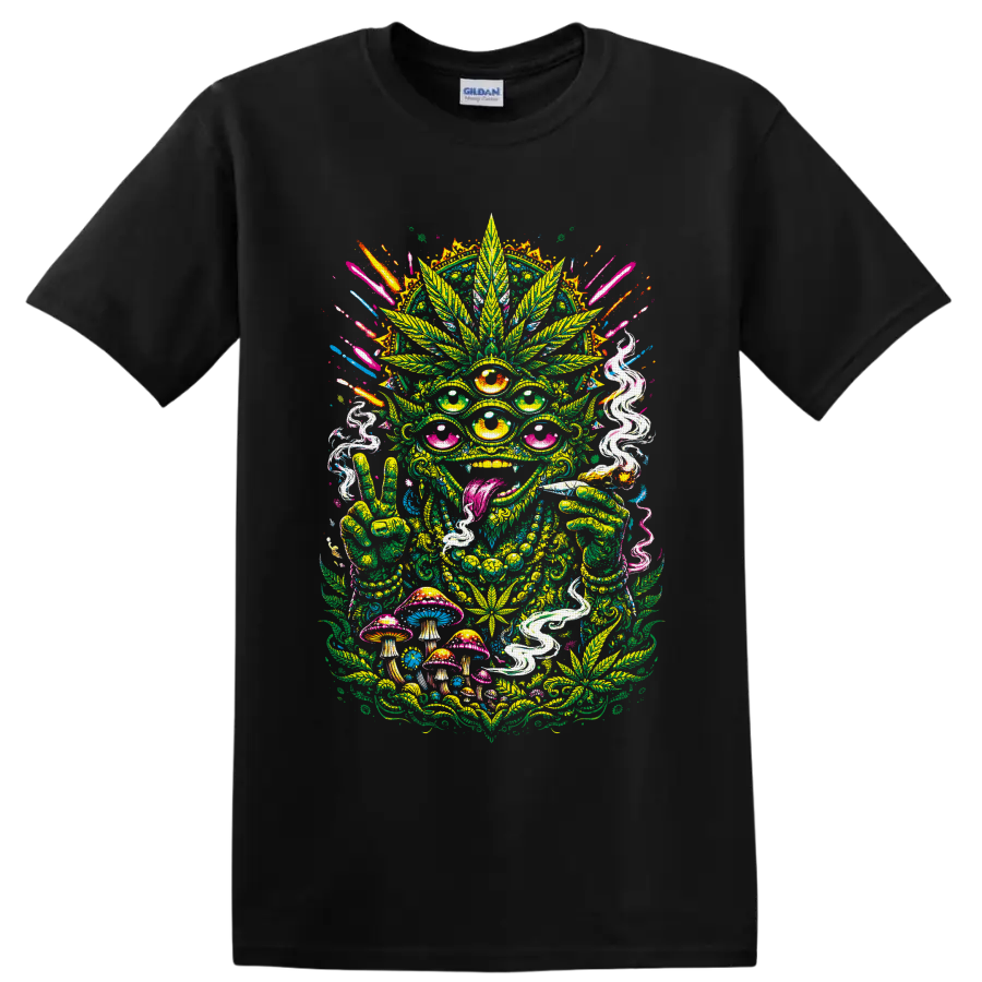 Psychedelic multi-eyed cannabis alien with mushrooms, smoke, and peace sign on a Black T Shirt
