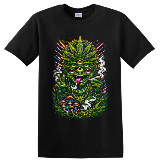Psychedelic multi-eyed cannabis alien with mushrooms, smoke, and peace sign on a Black T Shirt