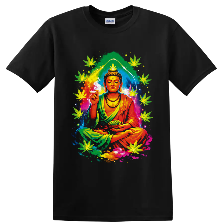 Psychedelic meditating Buddha with cannabis leaves, smoke, buds, and cosmic aura on a Black T Shirt