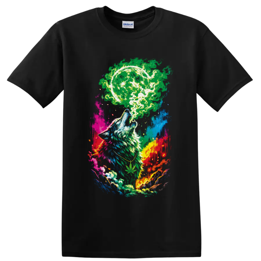 Howling wolf beneath a glowing cannabis moon in psychedelic paint-splash art on a Black T Shirt