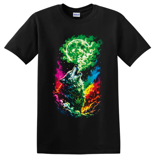 Howling wolf beneath a glowing cannabis moon in psychedelic paint-splash art on a Black T Shirt