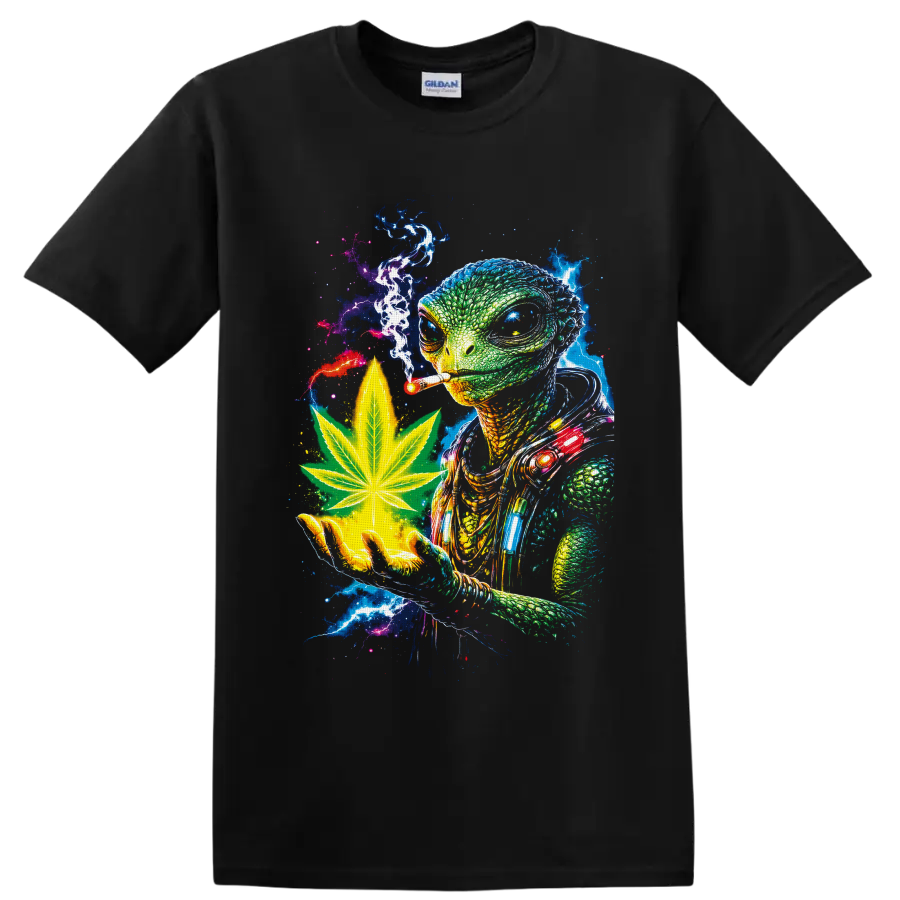 Psychedelic reptilian alien with cannabis leaf, smoke, and cosmic lightning on a Black T Shirt