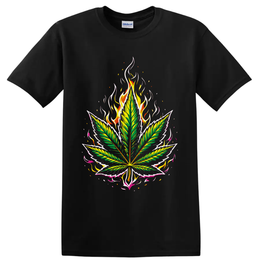 Psychedelic cannabis leaf graphic with flames, embers, and pink ribbon-like accents on a Black T Shirt