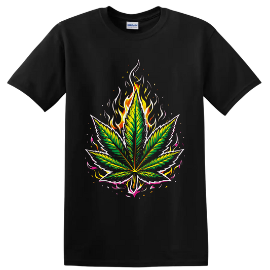 Psychedelic cannabis leaf graphic with flames, embers, and pink ribbon-like accents on a Black T Shirt