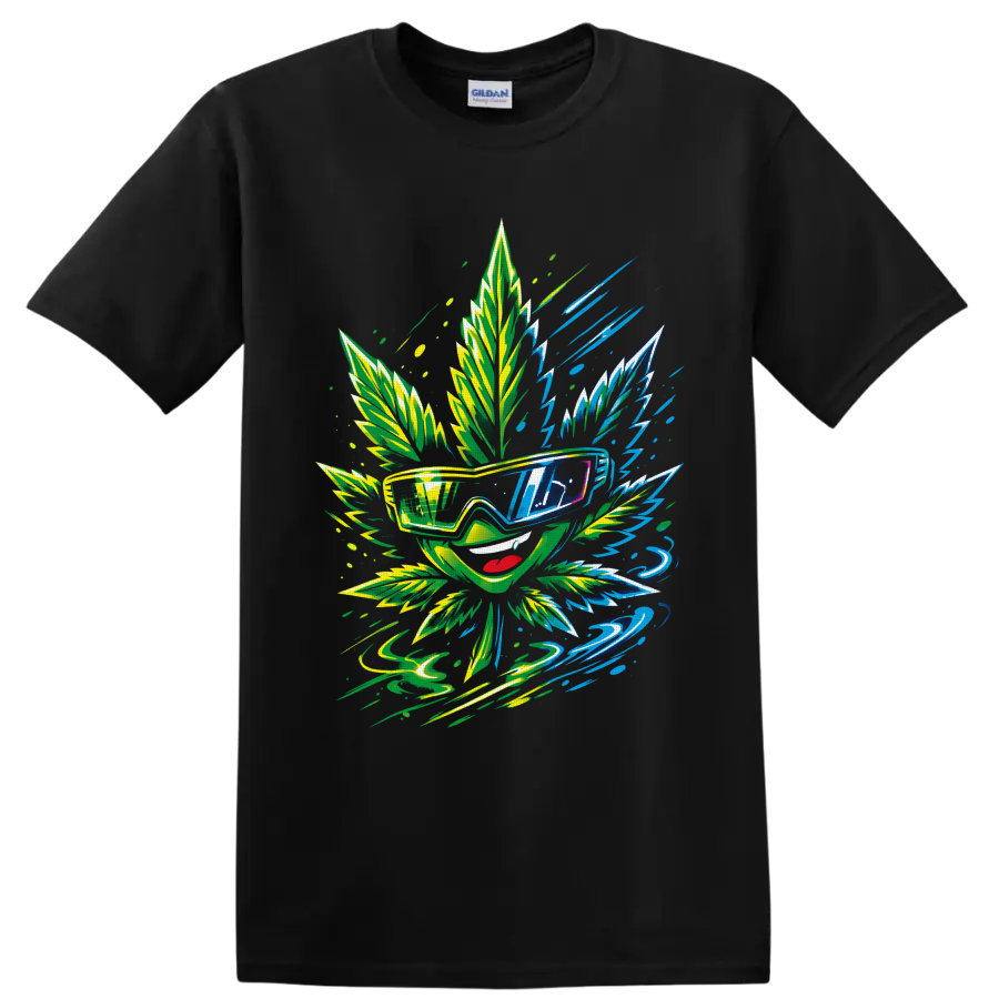 Psychedelic cannabis leaf character in sunglasses with neon lightning and leaf art on a Black T Shirt
