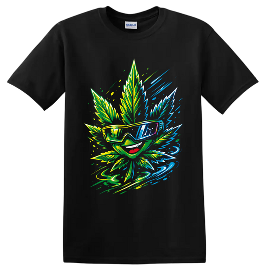 Psychedelic cannabis leaf character in sunglasses with neon lightning and leaf art on a Black T Shirt