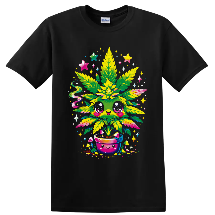 Kawaii cannabis plant in a smiling pot with mushrooms, stars, and psychedelic sparkles on a Black T Shirt