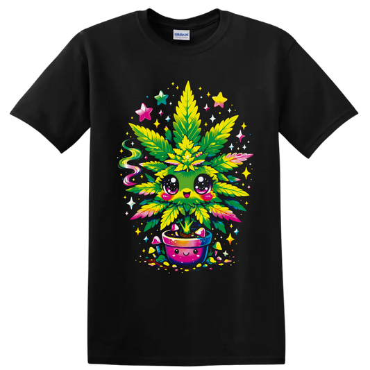 Kawaii cannabis plant in a smiling pot with mushrooms, stars, and psychedelic sparkles on a Black T Shirt