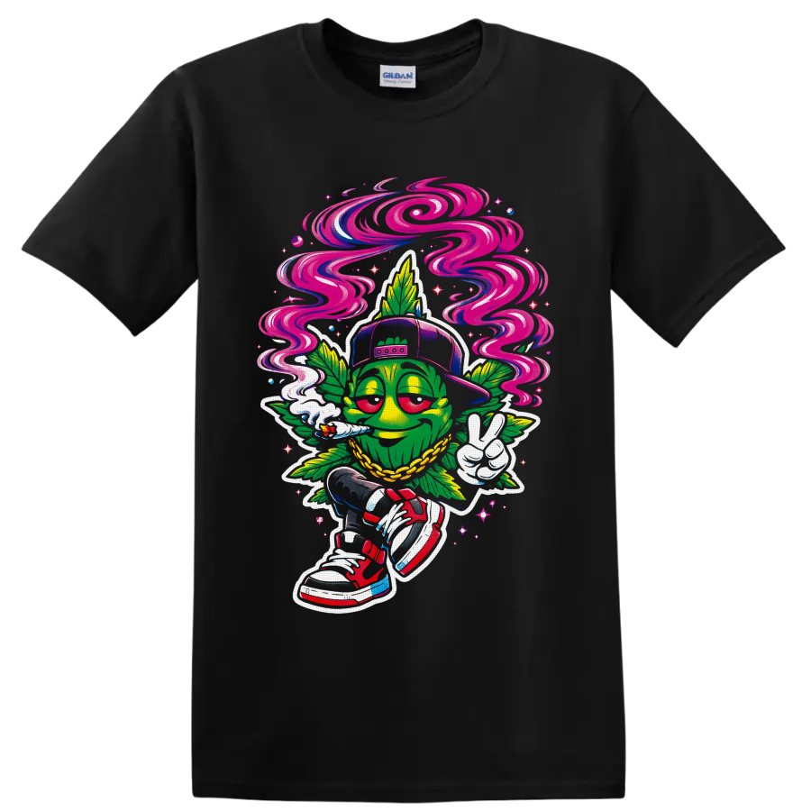 Psychedelic cartoon cannabis leaf character with swirling smoke, cap, chain, and peace on a Black T Shirt