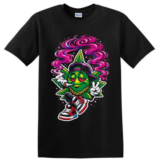 Psychedelic cartoon cannabis leaf character with swirling smoke, cap, chain, and peace on a Black T Shirt