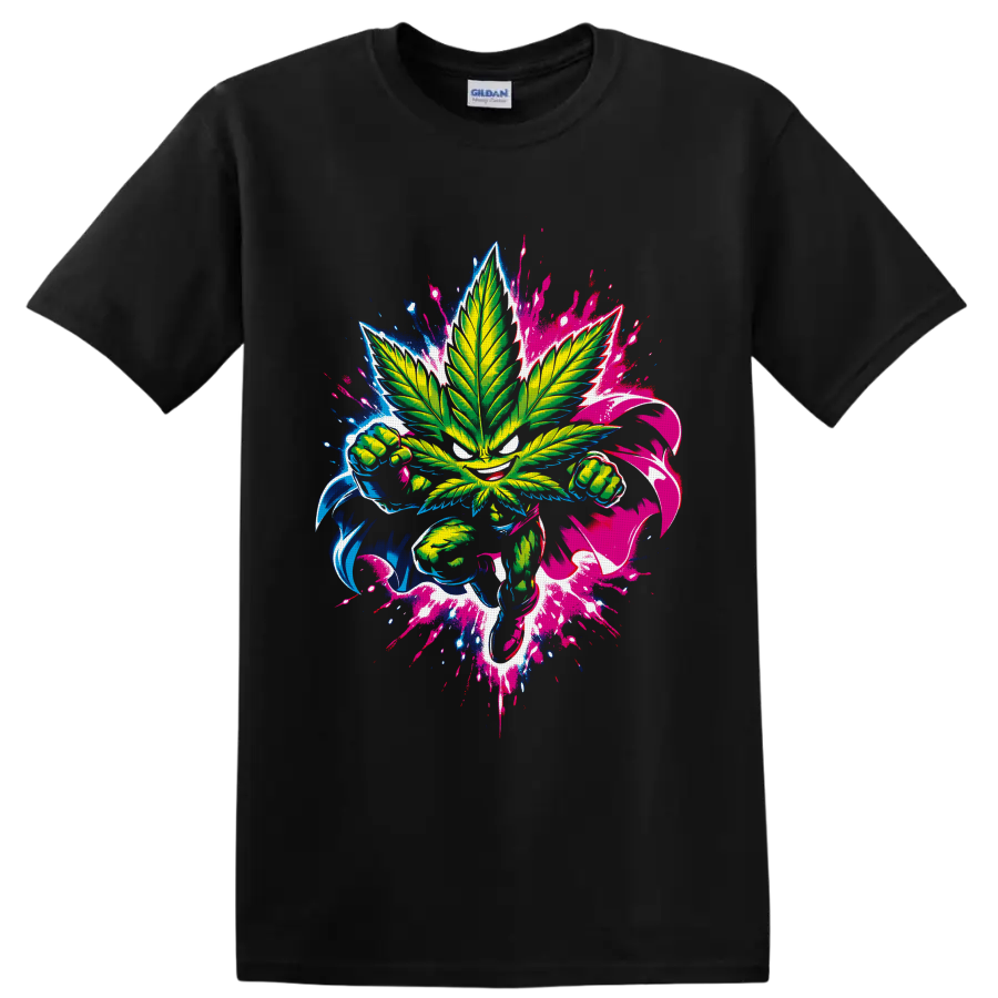 Neon cannabis leaf fighter with clenched fists and blue pink graffiti splatters on a Black T Shirt