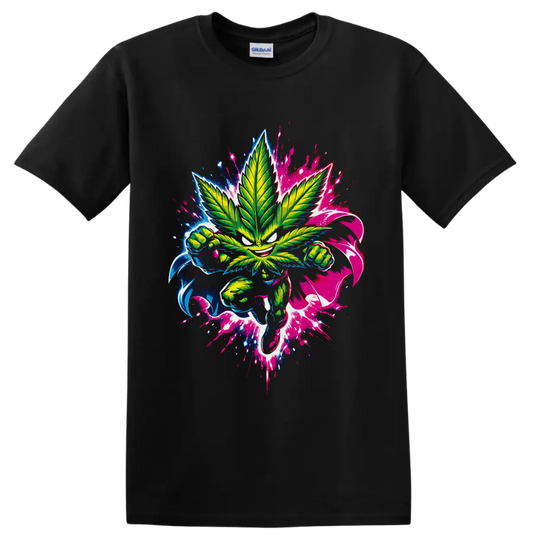 Neon cannabis leaf fighter with clenched fists and blue pink graffiti splatters on a Black T Shirt
