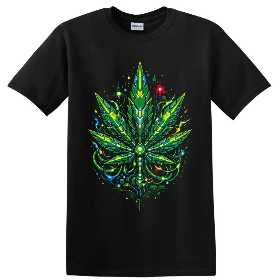 Cyberpunk cannabis leaf with neon circuitry, geometric panels, and psychedelic cables on a Black T Shirt