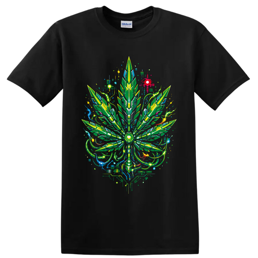 Cyberpunk cannabis leaf with neon circuitry, geometric panels, and psychedelic cables on a Black T Shirt