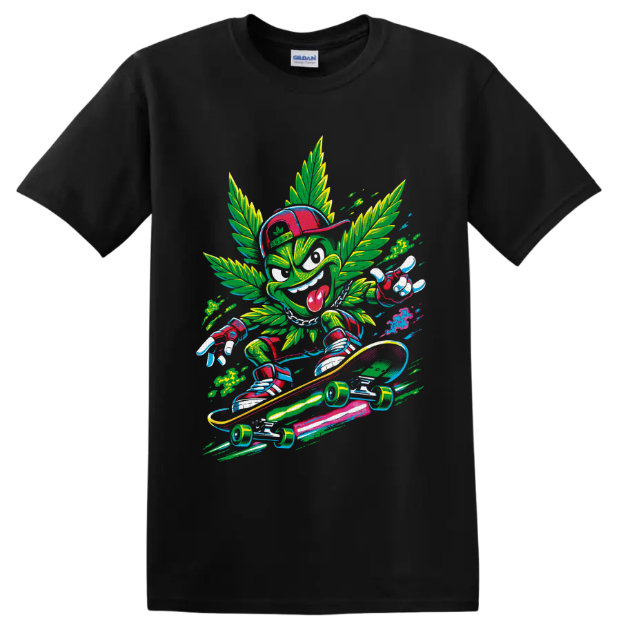 Retro comic cannabis leaf character skateboarding on a longboard on a Black T Shirt