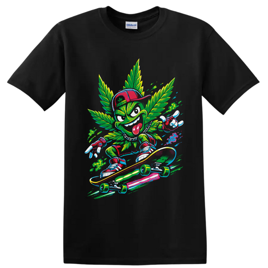 Retro comic cannabis leaf character skateboarding on a longboard on a Black T Shirt
