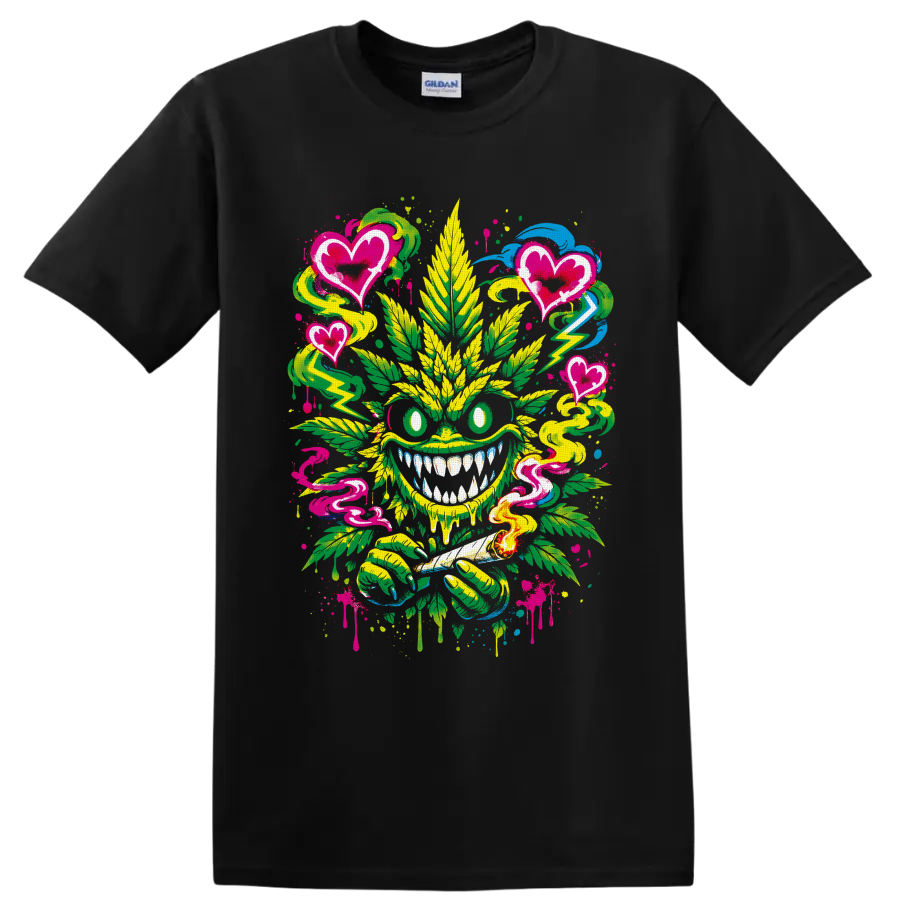 Graffiti cannabis leaf monster with pink hearts, smoke swirls, lightning, and splatters on a Black T Shirt