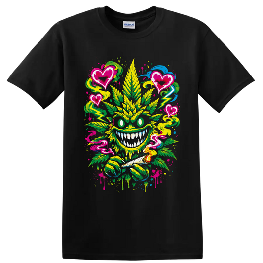 Graffiti cannabis leaf monster with pink hearts, smoke swirls, lightning, and splatters on a Black T Shirt