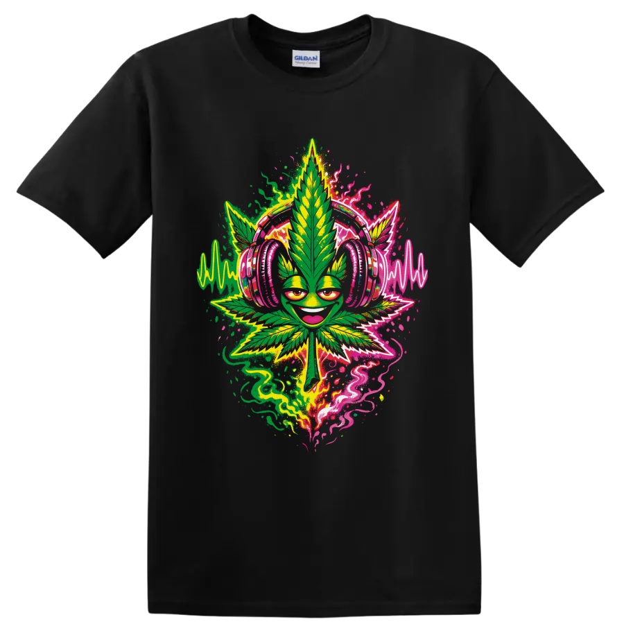 Smiling cannabis leaf DJ in pink headphones with neon soundwaves and lightning on a Black T Shirt