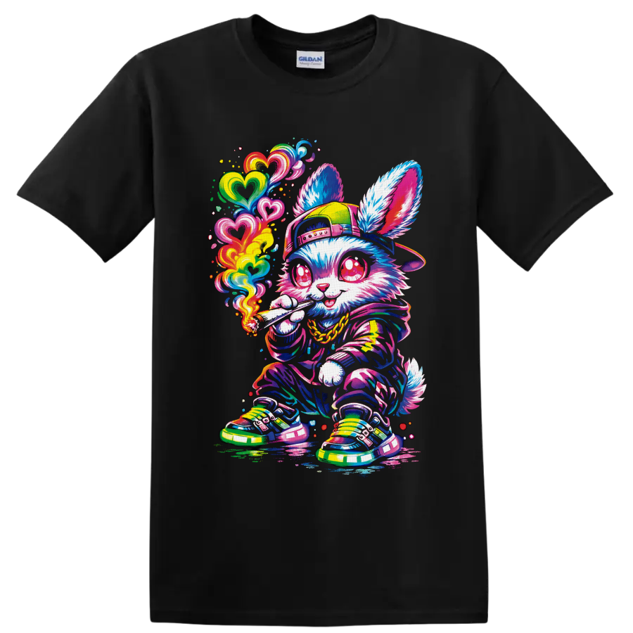 Psychedelic streetwear rabbit with rainbow hearts and a lit rolled smoke on a Black T Shirt