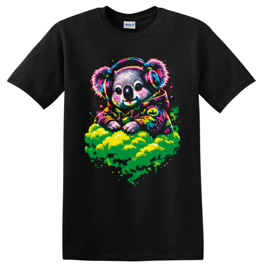Psychedelic koala DJ in headphones and paint-splashed hoodie above green smoke on a Black T Shirt